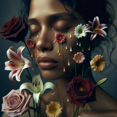 The primary subject of the image is a woman with a tear on her face, surrounded by a variety of flowers. The setting is a close-up of the woman's face, with the flowers in the background. The visual style is a digital art or illustration, creating a vibrant and emotional atmosphere. The colors are predominantly pink and red, with the tear adding a touch of sadness to the scene.